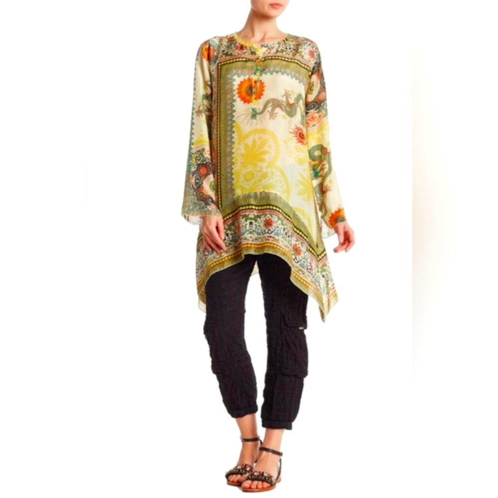 Johnny Was Asian Cotton Tunic Dragon Border Top Blouse M